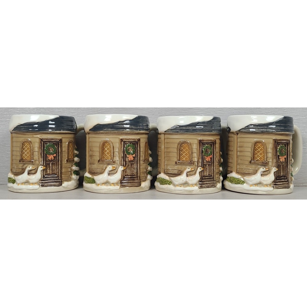 VTG OTAGIRI Christmas Mugs with Winter Scene Snow Covered House & Geese Set of 4